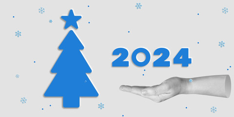 Fototapeta na wymiar Merry Christmas and Happy New Year. A hand holds the inscription 2024 next to the Christmas tree. Minimalistic art collage.