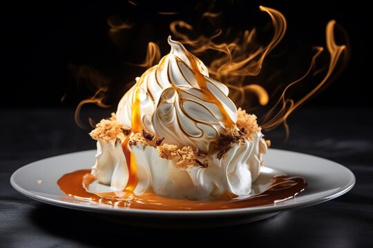 A captivating food photograph showcasing a meticulously crafted Baked Alaska dessert. The exquisite combination of cake, ice cream, and torched meringue presents a visually stunning and dramatic culin