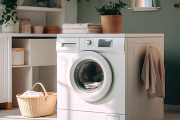 Efficiency and Order Interior of a Light Laundry Room with Washing Machine, Shelving Unit, Laundry Box, and Detergents for Streamlined Household Chores. created with Generative AI