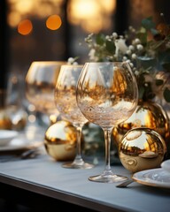 New Year and Christmas table decoration with beautiful glasses, dishes, balls and flowers on blurred background