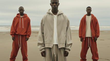 Handsome young people of African nationality in stylish modern tracksuits on a blurred background of the ocean coast. Sportswear, fashion, freedom