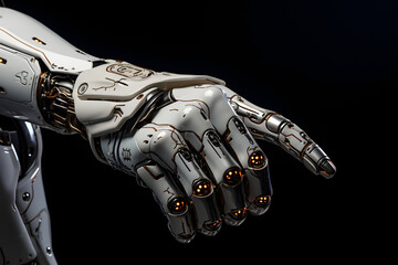Robotic hand in profile against a dark background