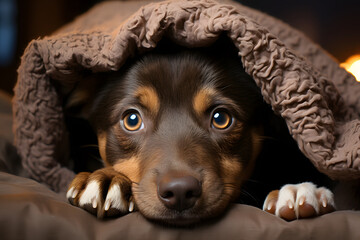 shy dog hiding behind a blanket