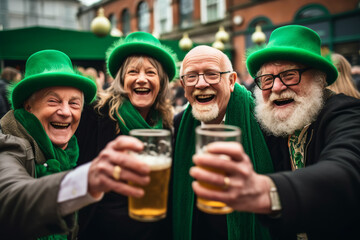 Mature people are having fun, wearing green costumes and celebrating St. Patrick's Day in street bar