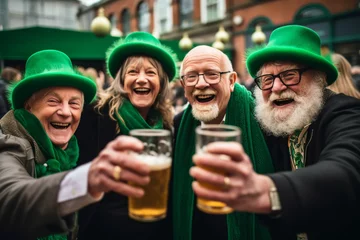 Foto op Plexiglas Mature people are having fun, wearing green costumes and celebrating St. Patrick's Day in street bar © colnihko