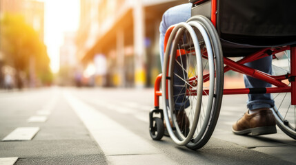 Close-up of a wheelchair crossing a street, highlighting mobility and accessibility in an urban environment. - obrazy, fototapety, plakaty