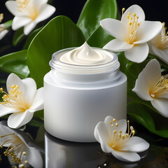 Skincare face cream, spa still life with white frangipani flowers
