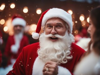santa claus with his red coat, having fun at party with womens

