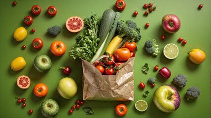 Paper bag full of vegetables and fruits on isolated solid background. Shopping bag with healthy...
