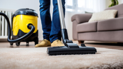 Obraz premium Person vacuuming the carpet at home with a modern vacuum cleaner
