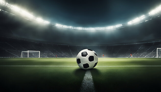 A soccer field is illuminated by a spotlight, creating a dramatic and mysterious atmosphere with the potential for an exciting match. 