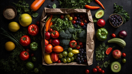 view from above Paper pf bag  of vegetables and fruits on isolated dark solid background. Shopping...