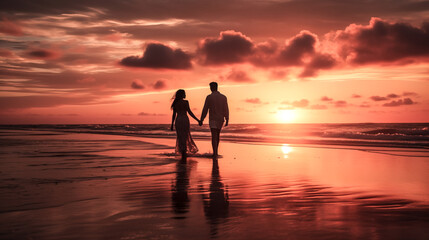 A couple strolls hand in hand on the beach, the sun setting behind them in a picturesque moment.