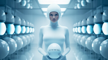 A futuristic woman in a cybernetic nursery full of robotic eggs.