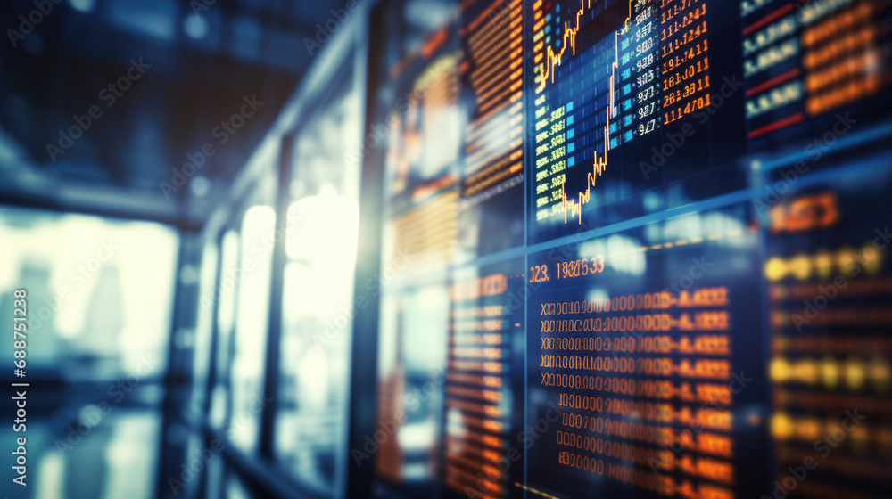 Poster close-up of a digital screen displaying financial stock market data with graphs and analytics, illus