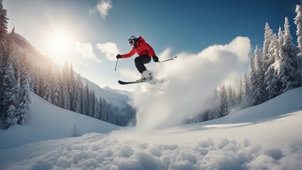 Naklejka na ściany i meble skier jumping in the snow mountains sunny day, behind it there are snow dust and clouds