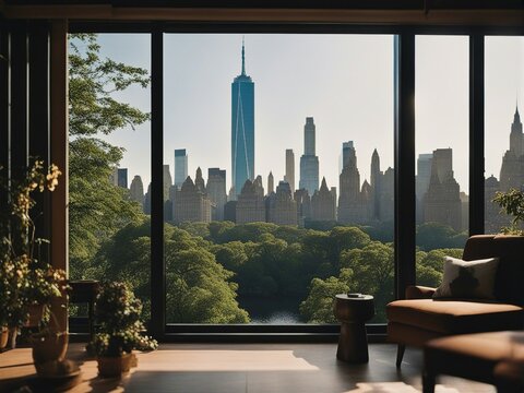 Fototapeta view of central park from inside the room 