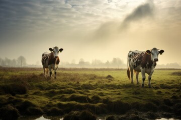 Picturesque landscape with a herd of cows grazing on a green pasture on a sunny day.