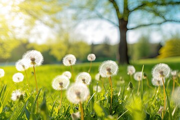 The spring meadow comes alive with vibrant dandelion flowers, their fluffy seed heads ready to travel on the wind.