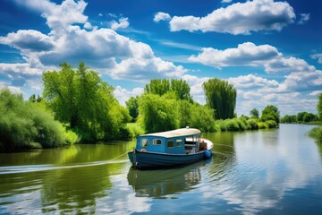Calm river, green landscape and a sailing boat along a picturesque canal.