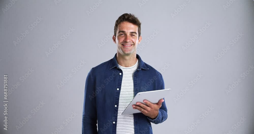 Poster man, face and smile with tablet in studio for social network, ebook subscription or streaming multim