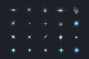 Glare glowing particles light rays set on transparent background. Vector shiny stars isolated, light effects.