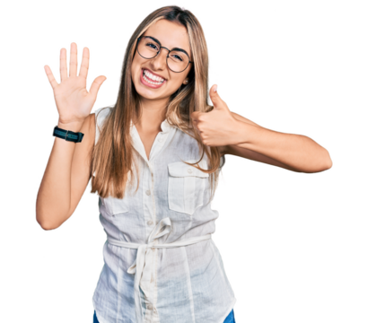 Hispanic young woman wearing casual white shirt showing and pointing up with fingers number six while smiling confident and happy.