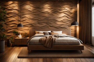 A cozy bedroom featuring a textured accent wall in earthy tones, complemented by warm ambient lighting