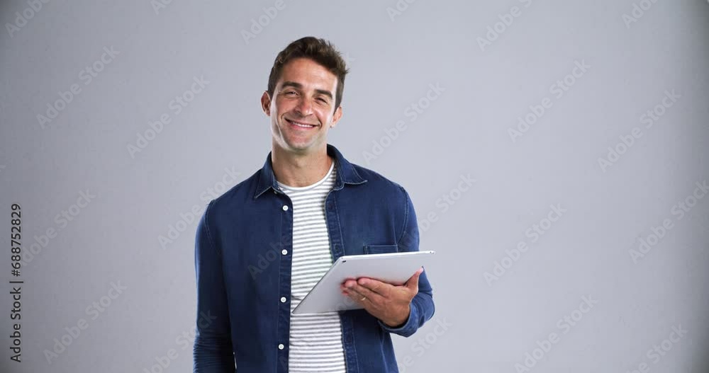 Poster happy, man and face with tablet in studio for social network, ebook subscription or streaming multim