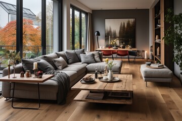Modern Scandinavian apartment interior design includes a living room and dining room