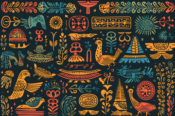 Fototapeta premium Vibrant tribal designs and animal illustrations on teal