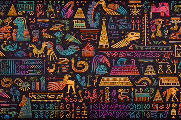 Colorful hieroglyphic patterns on a dark background