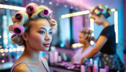 Woman with hair rollers in beauty salon, hairstyling in progress