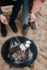 A man and a woman in knitted sweaters and jackets hold marshmallows on skewers over a fire pit