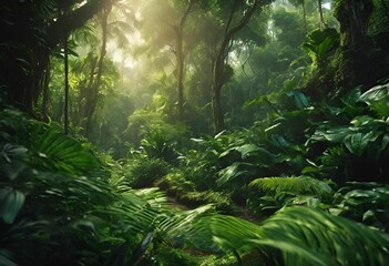 AI generated illustration of a lush, tropical rainforest with vibrant green foliage