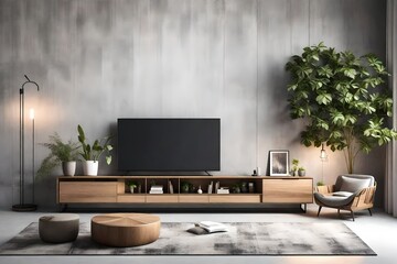 Picture a modern and stylish living room in this 3D rendering, where a TV cabinet takes center stage against a concrete wall background. 