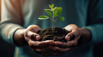 hands holding a plant with soil. plantation concept. Generative Ai
