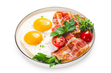 Fried Eggs and Bacon with Cherry Tomatoes on Plate, Breakfast, Keto, Paleo Diet Lunch