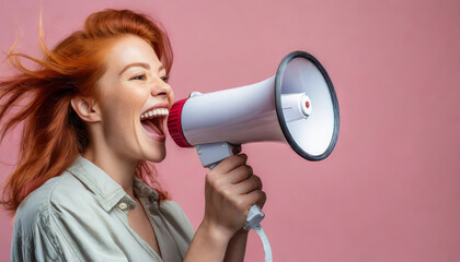Red-haired young woman with megaphone on pink background - obrazy, fototapety, plakaty