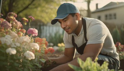 Gardener caring for flowers