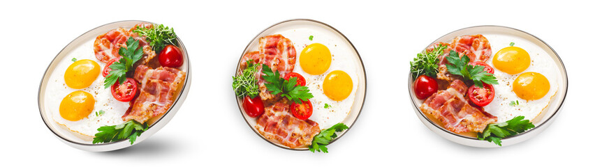 Fried Eggs and Bacon with Cherry Tomatoes on Plate, Breakfast, Keto, Paleo Diet Lunch
