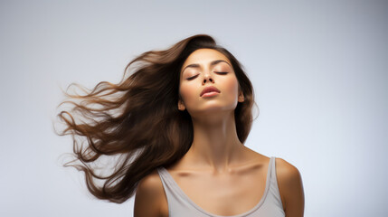 Stylish Mane: Brown-Haired Woman in Posed Shot, Hair Flowing in the Wind Against Clear Background, Eyes Shut, Great for Fashion and Cosmetics Industry Promotion