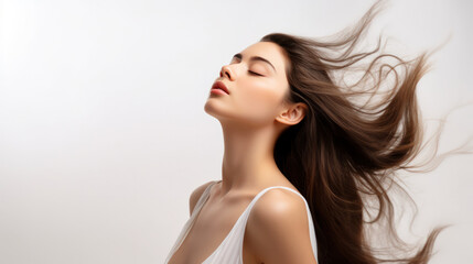 Fototapeta premium Haircare Elegance: Young Brunette Woman Posing with Hair Billowing in the Wind Against Clean Background, Eyes Closed, Perfect for Promoting Hair Services and Fashion Industry