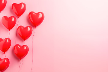 Valentine's day background with red hearts balloons on pink background, flat lay