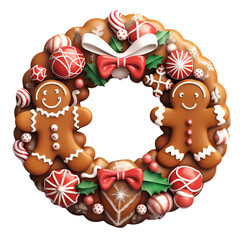 Fototapeta premium Cute Christmas wreath made of gingerbread cookies isolated on transparent background