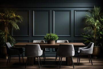 The interior of a modern dining room includes a dining table and wooden chairs against a black paneled wall, representing home design