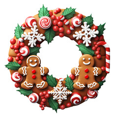 Cute Christmas wreath made of gingerbread cookies isolated on transparent background