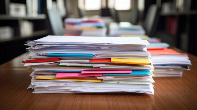 Stack of multi-colored folders and documents on a wooden office desk, indicating a substantial amount of paperwork.