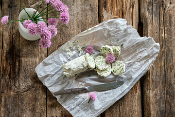 Chives butter, close-up, white background.