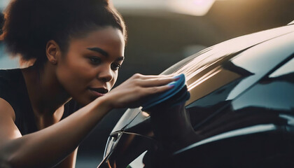 Woman polishing a car with meticulous care - obrazy, fototapety, plakaty